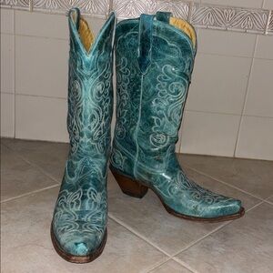 Turquoise Blue Green Teal Embroidered Stitched Tall Heeled Cowgirl Cowboy Boots